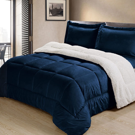 3PC Navy King (102" x 90") Sherpa & Faux Micromink Comforter and Sham Bedding Set Reversible Ultra Plush