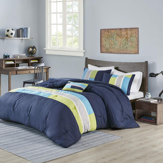Mi Zone Twin/Twin XL All Season Comforter Set with Decor Pillow 3-Piece Geometric Stripes Navy