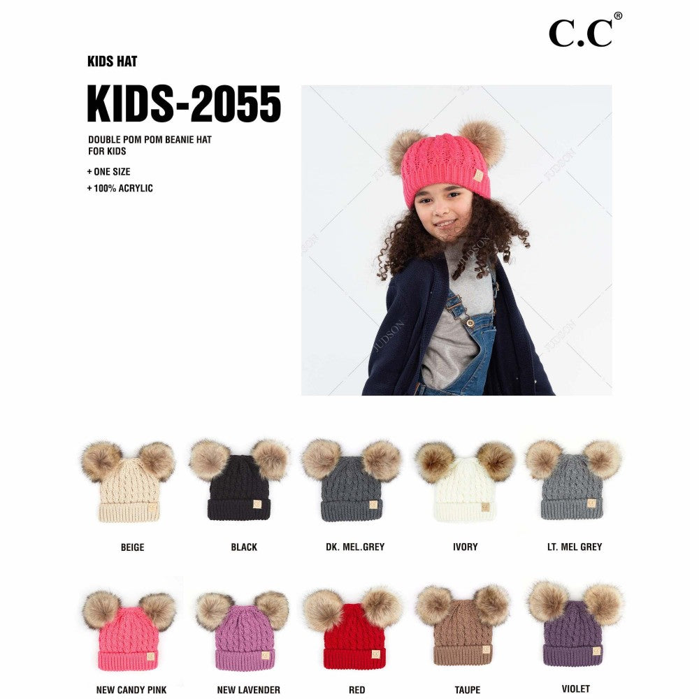 C.C Kids Double Faux Fur Pom Beanie Hat Winter Cable Knit Girls Boys One Size