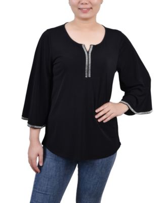 Ny Collection Petite 3/4 Bell Sleeve Top with Stones