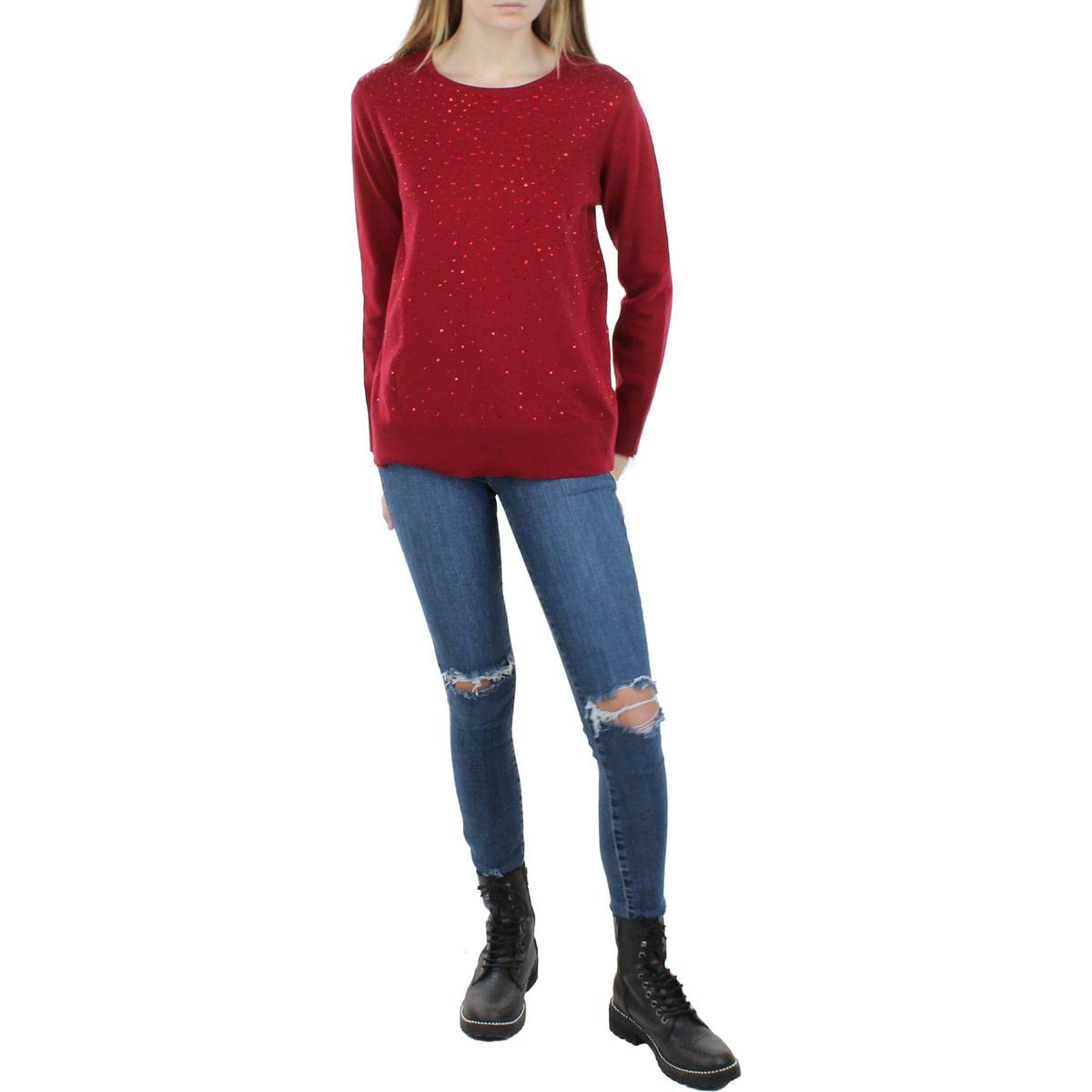 ANNE KLEIN Womens Red Stretch Beaded Ribbed Trim Pullover Long Sleeve Crew Neck