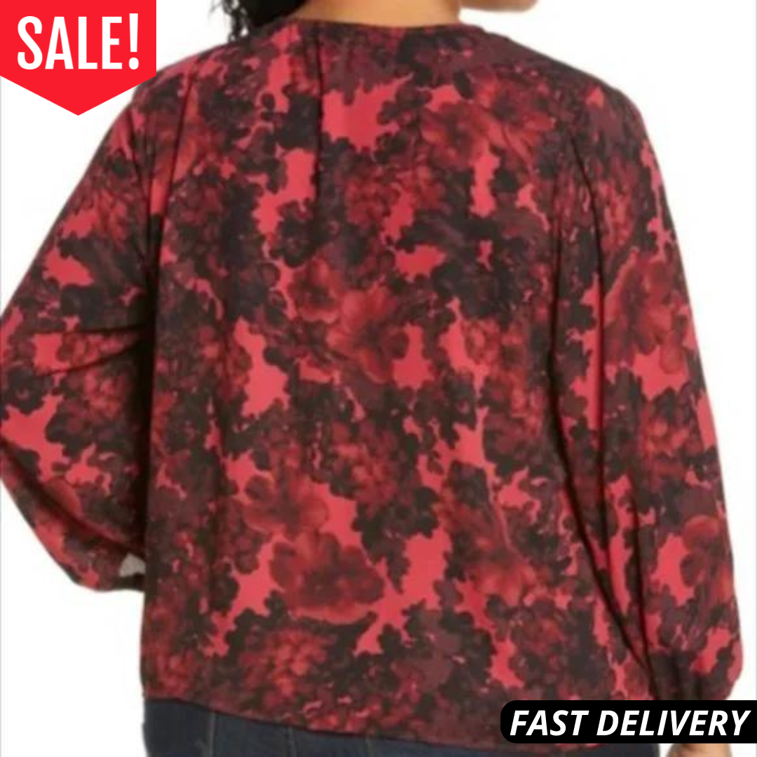 Vince Camuto Women’s Dark Floral Tie Front Blouse Red Black Plus Size 2X