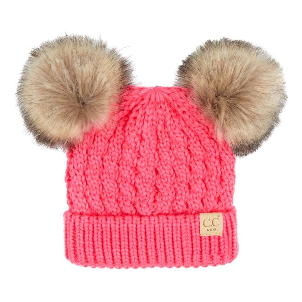 C.C Kids' Cable Knit Double Pom Beanie for Kids - Comfortable Soft Warm Children