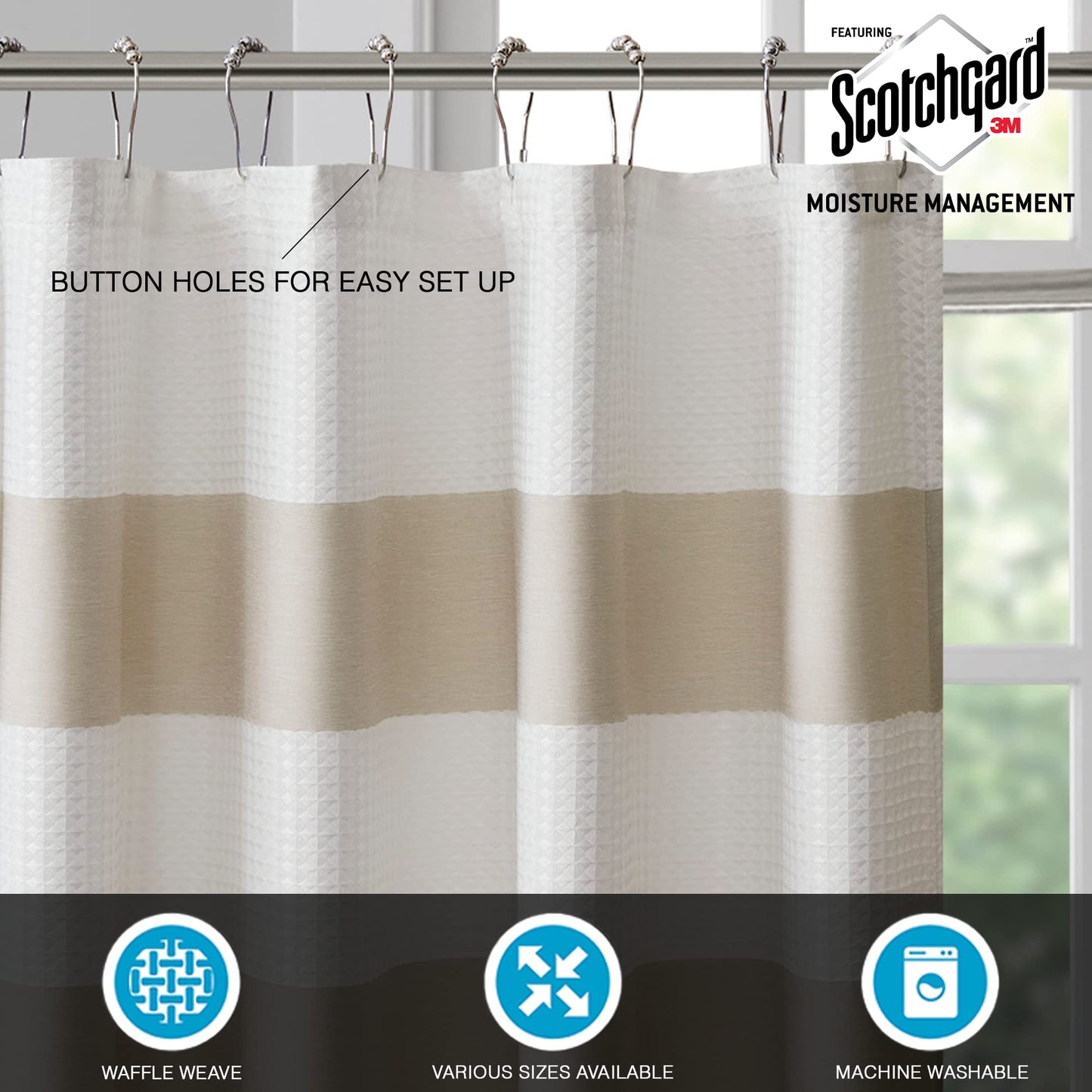 Madison Park Spa Waffle Shower Curtain with 3M Treatment, Taupe, 72x72"