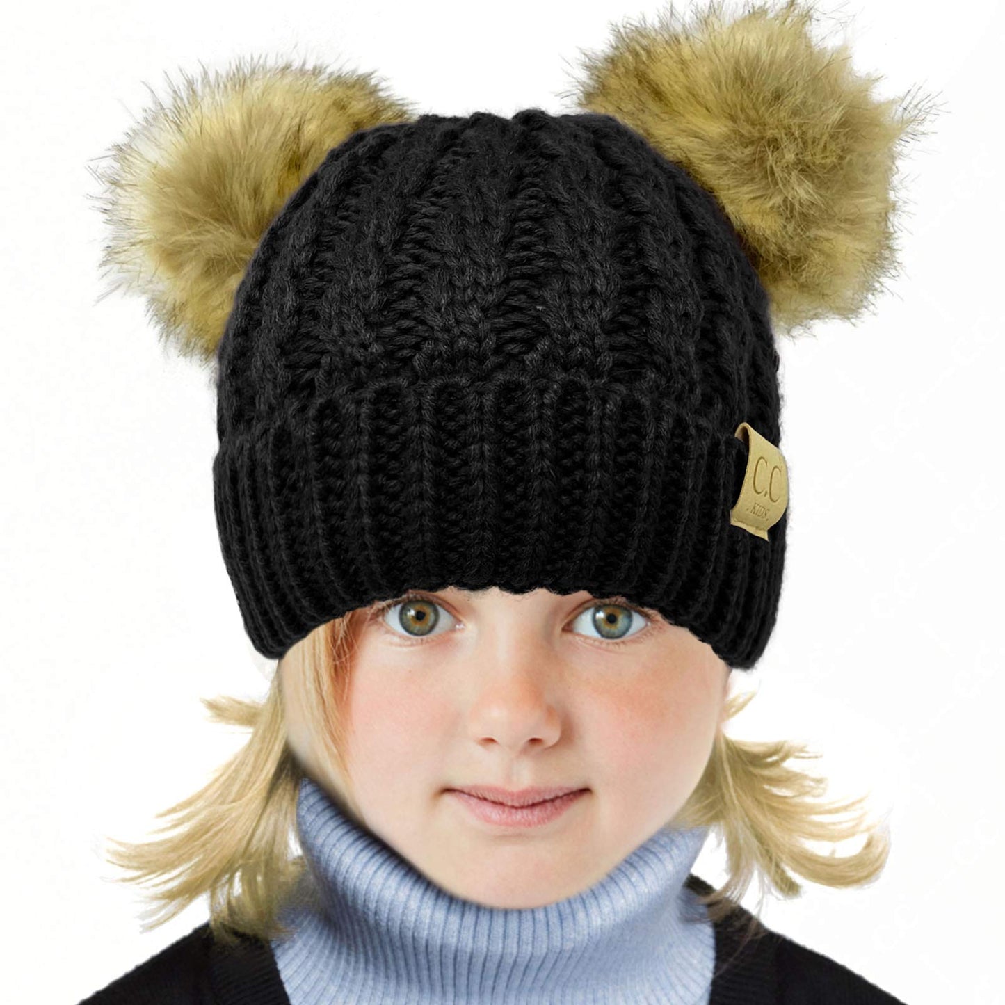 Kids Ages 2-5 Pompom Chunky Thick Stretchy Knit Slouch Beanie Cap Hat (Double