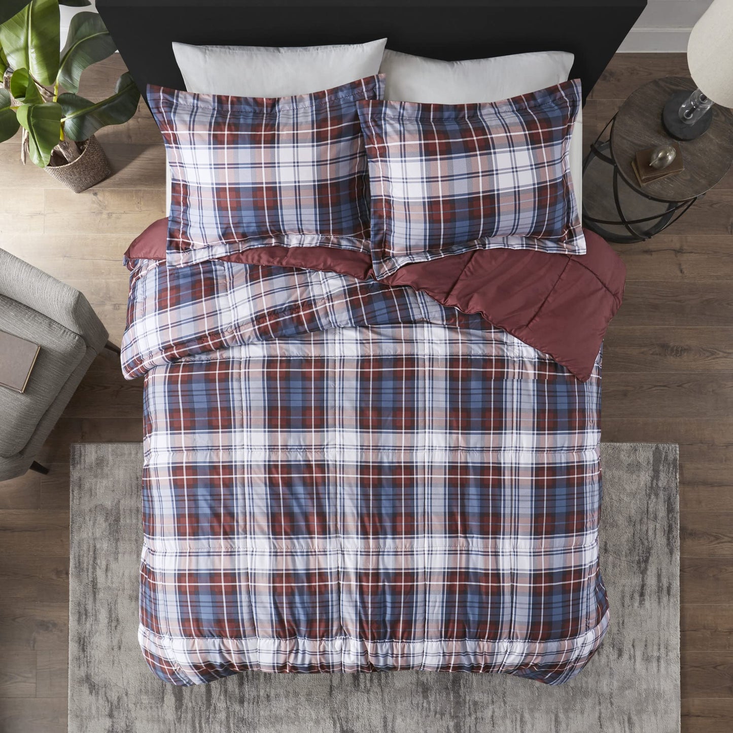 Madison Park Essentials Parkston Plaid Comforter, Matching Sham, 3M Scotchguard Stain Release Cover, Hypoallergenic All Season Bedding-Set, Twin/ Twin XL, Red, 2 Piece