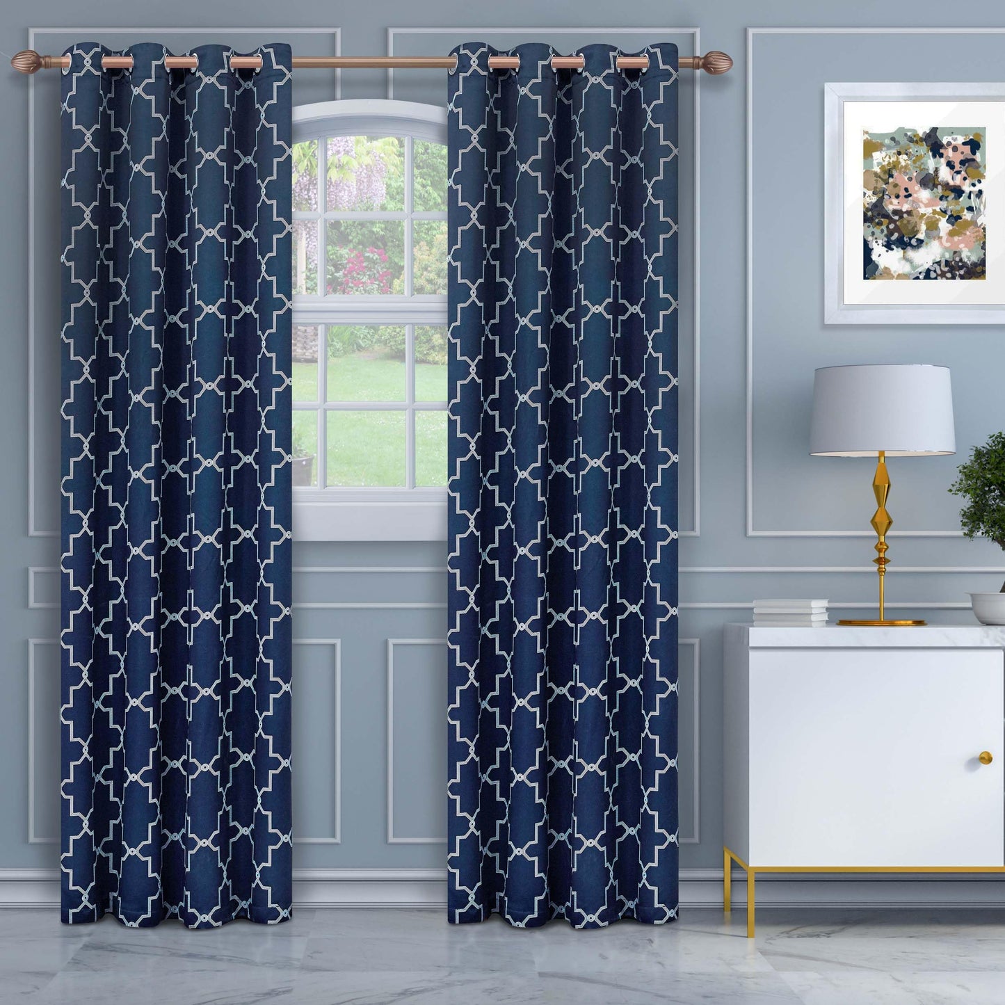Superior Soft Quality Woven, Imperial Trellis Blackout Thermal Grommet Curtain Panel Pair