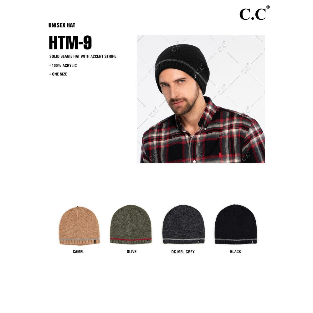 C.C Solid Beanie Hat Winter With Accent Stripe Unisex Adult Men Women Gift