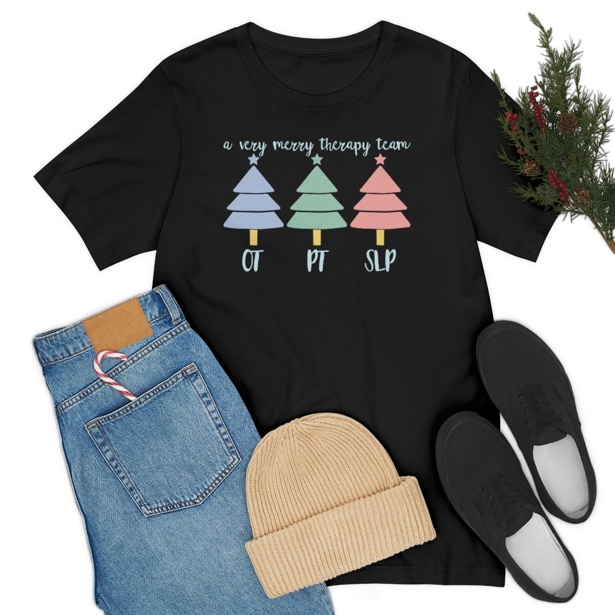 A Very Merry Therapy Team OT PT SLP Christmas Shirt Black Color